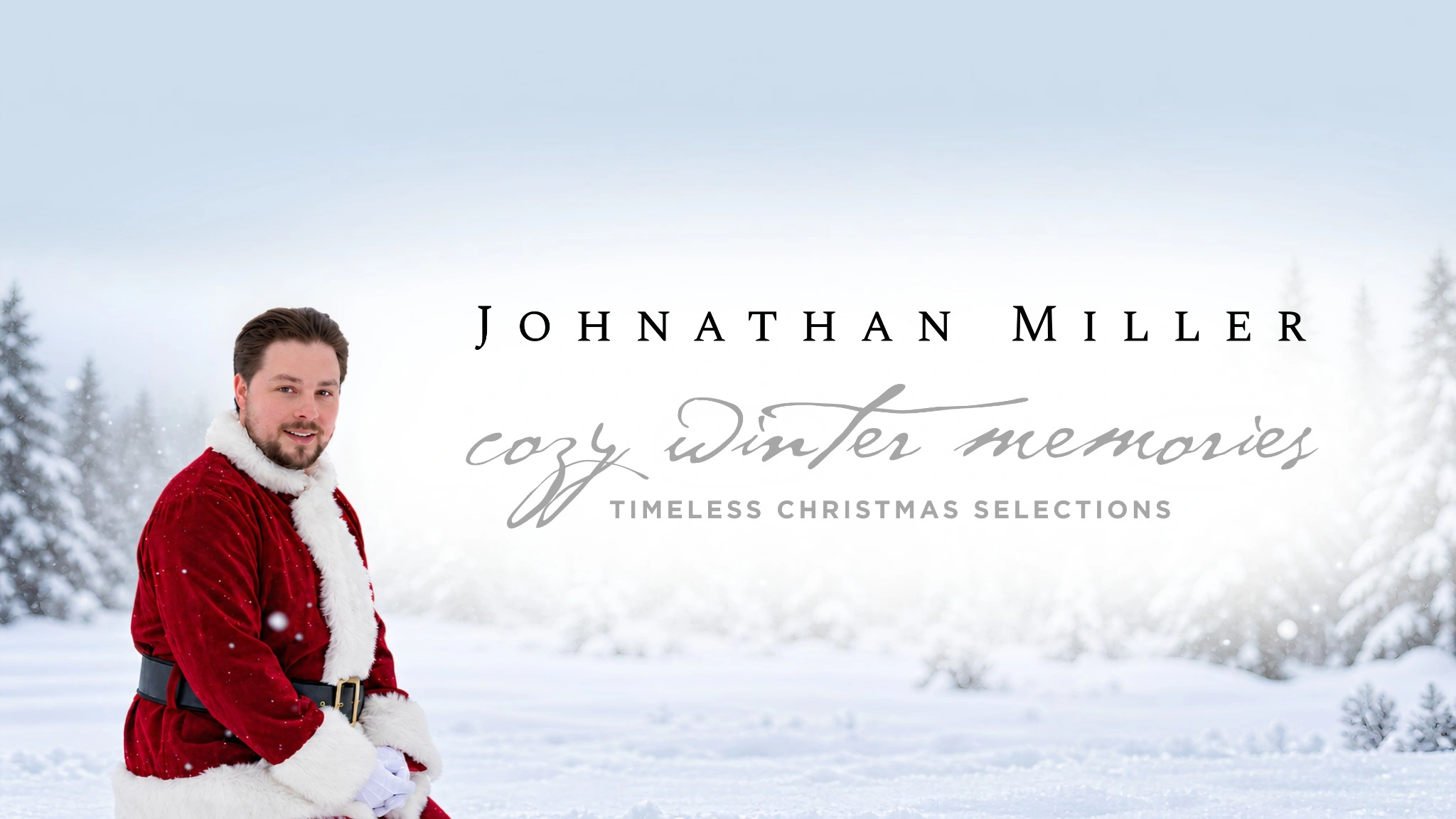 Johnathan Miller in a red Santa suit in a snowy evergreen forest. Cozy Winter Memories: Timeless Christmas Selections.